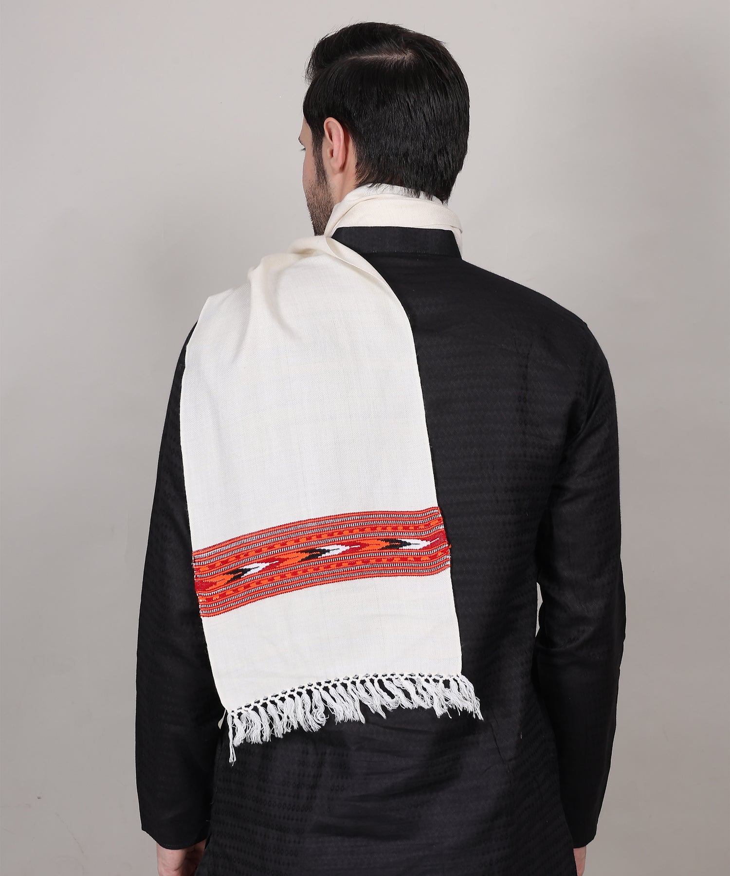 Authentic Handwoven Kullu Woollen White Muffler – Premium Embroidered Patti Design