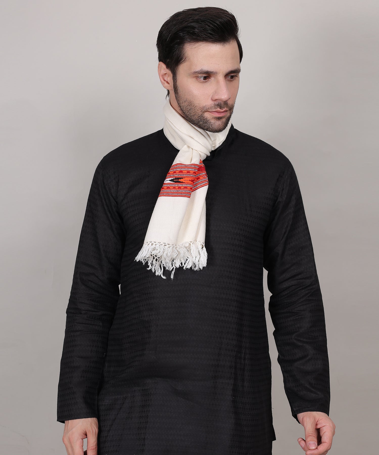 Authentic Handwoven Kullu Woollen White Muffler – Premium Embroidered Patti Design