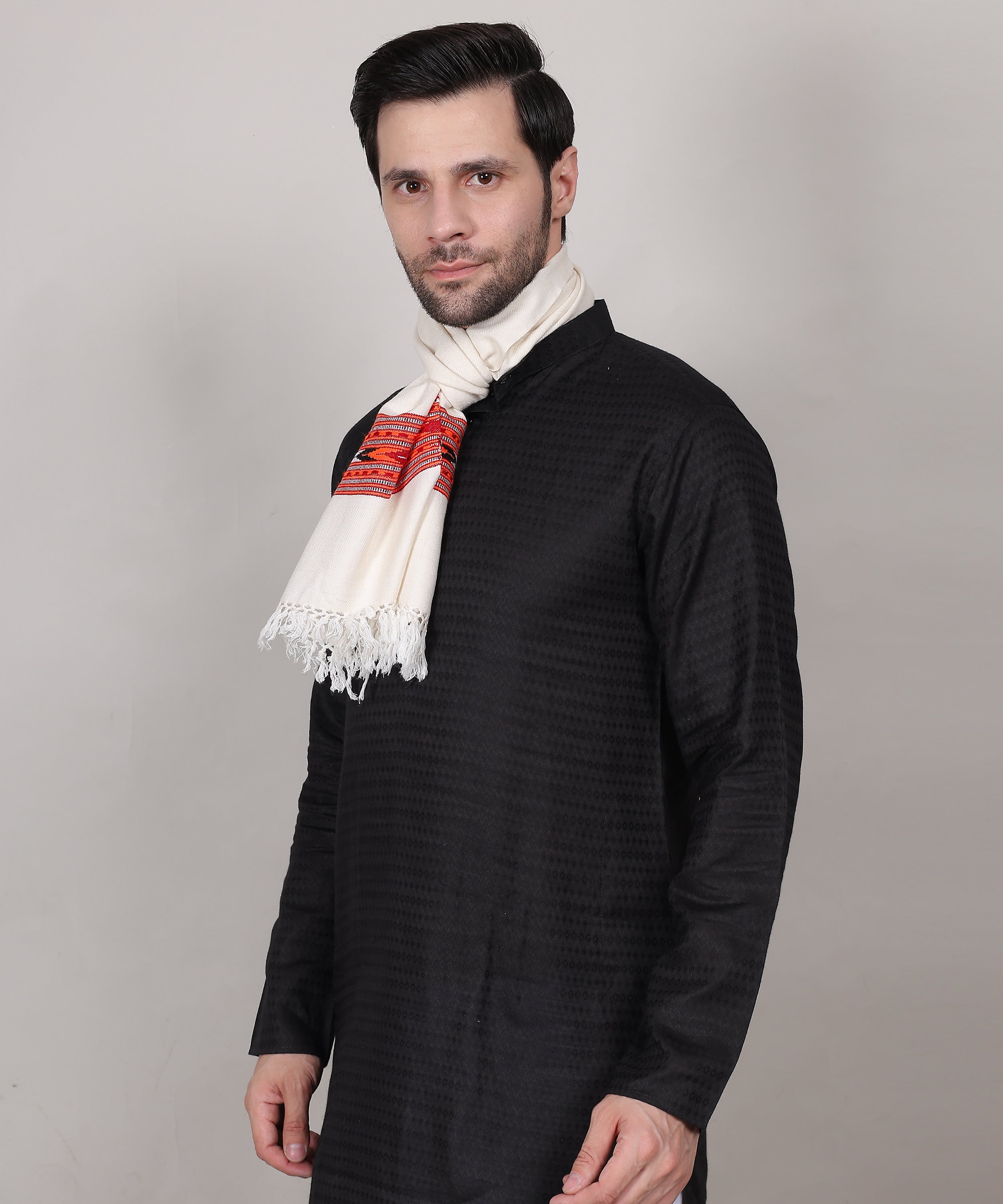 Authentic Handwoven Kullu Woollen White Muffler – Premium Embroidered Patti Design