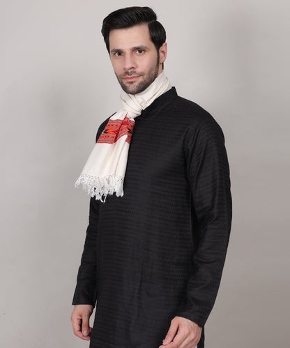 Authentic Handwoven Kullu Woollen White Muffler – Premium Embroidered Patti Design