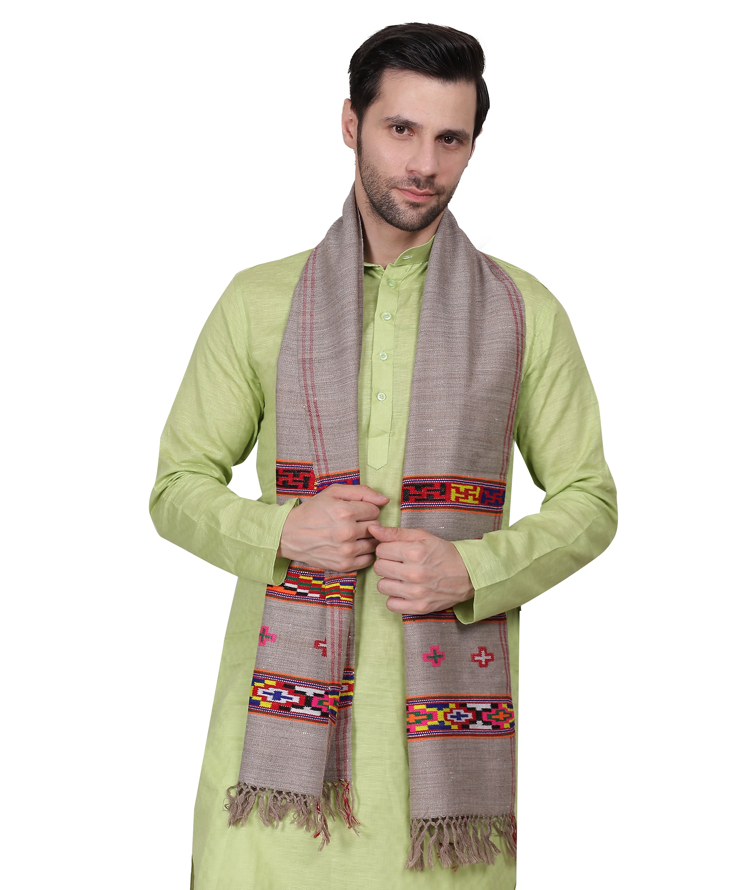 Kullu Woollen Grey Muffler – Handwoven Pure Wool with Traditional 3 Patti Embroidery