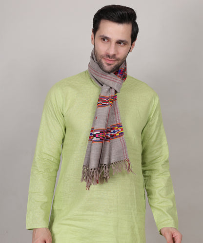 Kullu Woollen Grey Muffler – Handwoven Pure Wool with Traditional 3 Patti Embroidery