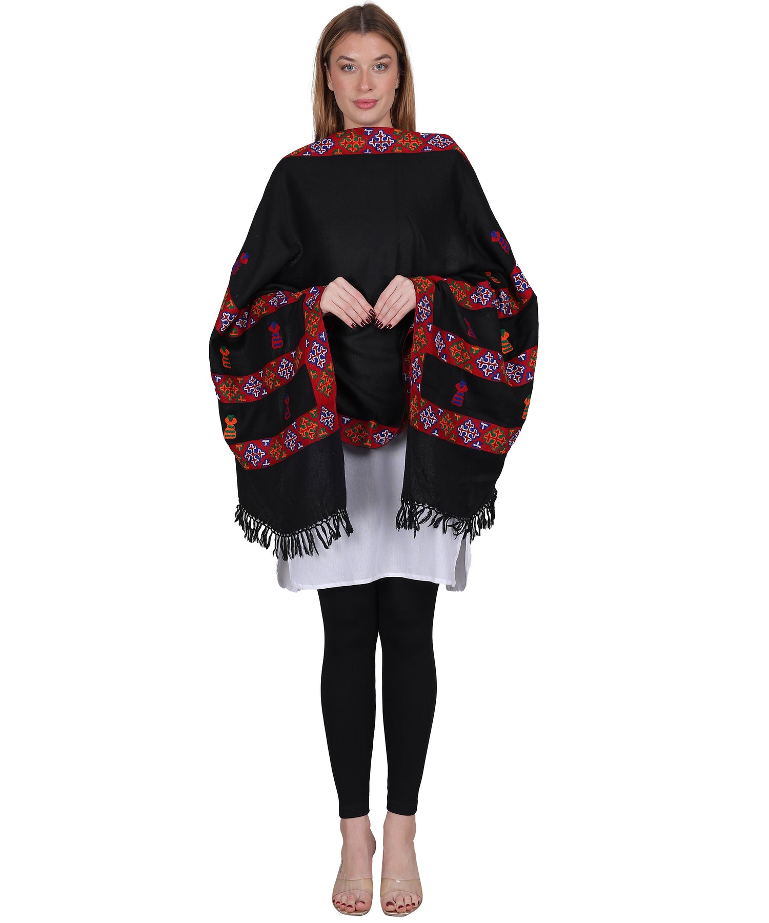 Traditional Kullu Handloom Embroidered 3 patti Woollen Black Stole – Premium Soft with Kullu Weaving Design