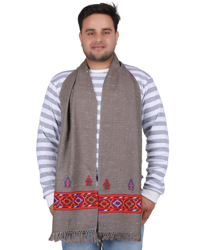 Kullu Handwoven Woollen Kinnauri Grey Muffler – Luxurious Pure Wool with Premium Embroidered Patti