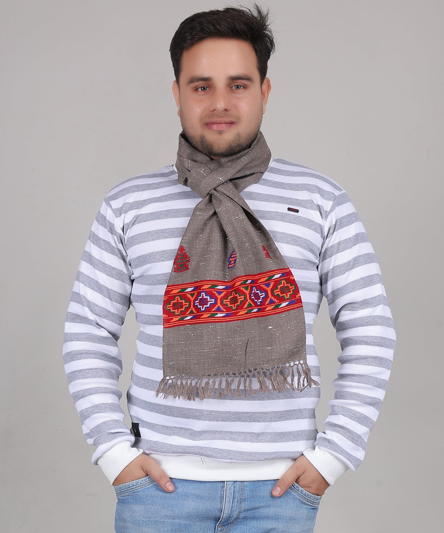 Kullu Handwoven Woollen Kinnauri Grey Muffler – Luxurious Pure Wool with Premium Embroidered Patti