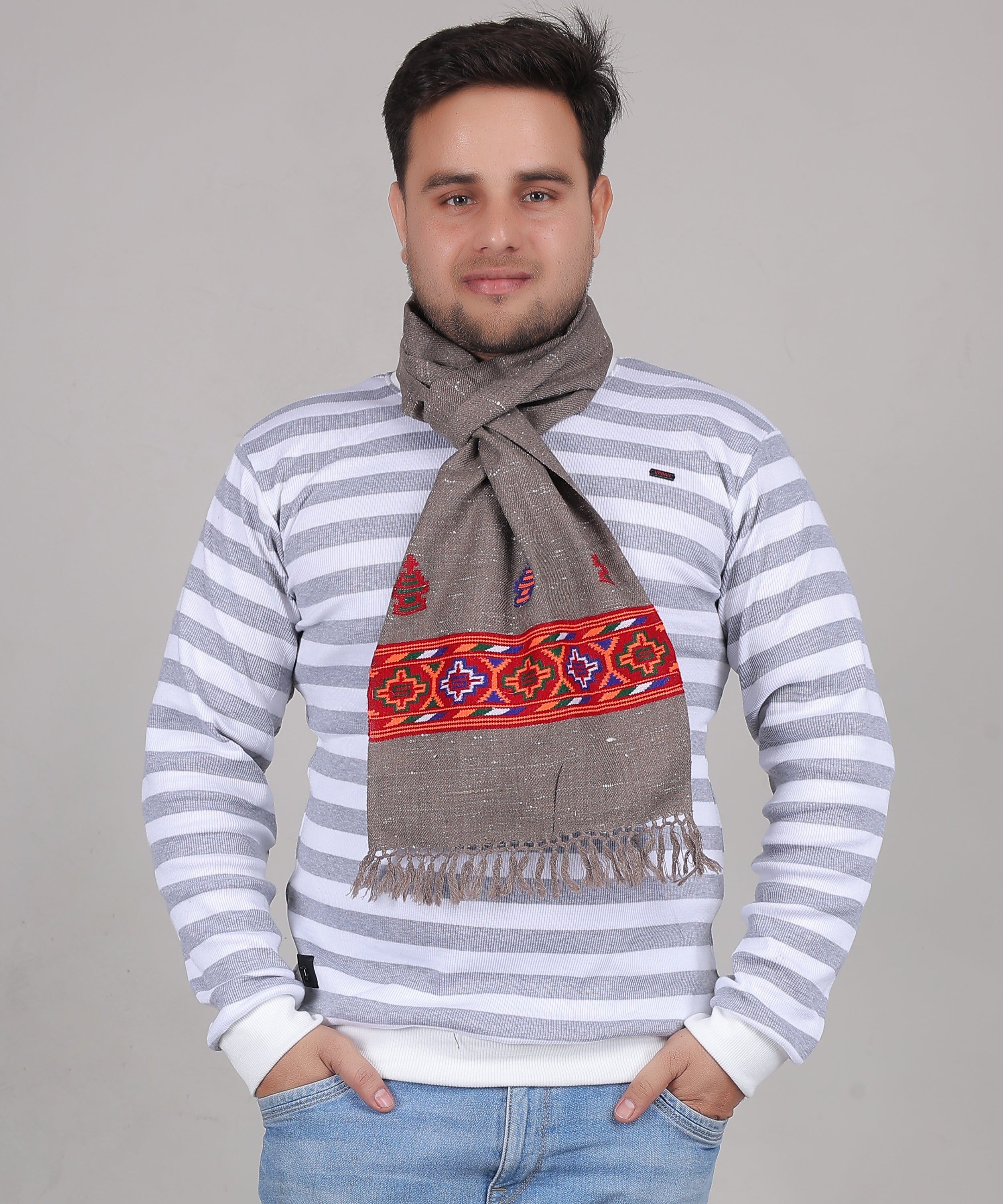 Kullu Handwoven Woollen Kinnauri Grey Muffler – Luxurious Pure Wool with Premium Embroidered Patti