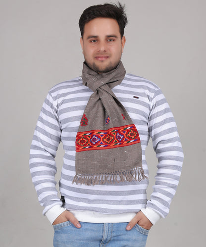 Kullu Handwoven Woollen Kinnauri Grey Muffler – Luxurious Pure Wool with Premium Embroidered Patti
