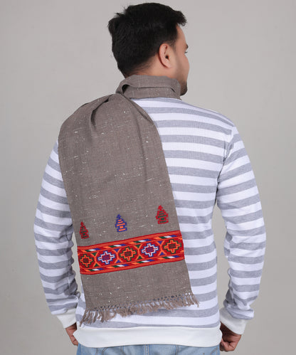 Kullu Handwoven Woollen Kinnauri Grey Muffler – Luxurious Pure Wool with Premium Embroidered Patti