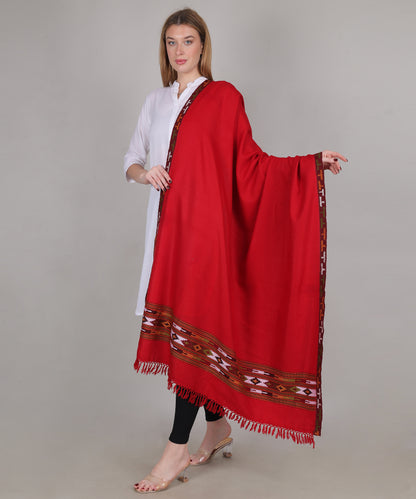 Women’s Traditional Kullu Design Red Katu Chesam– Pure Woollen Handloom Shawl