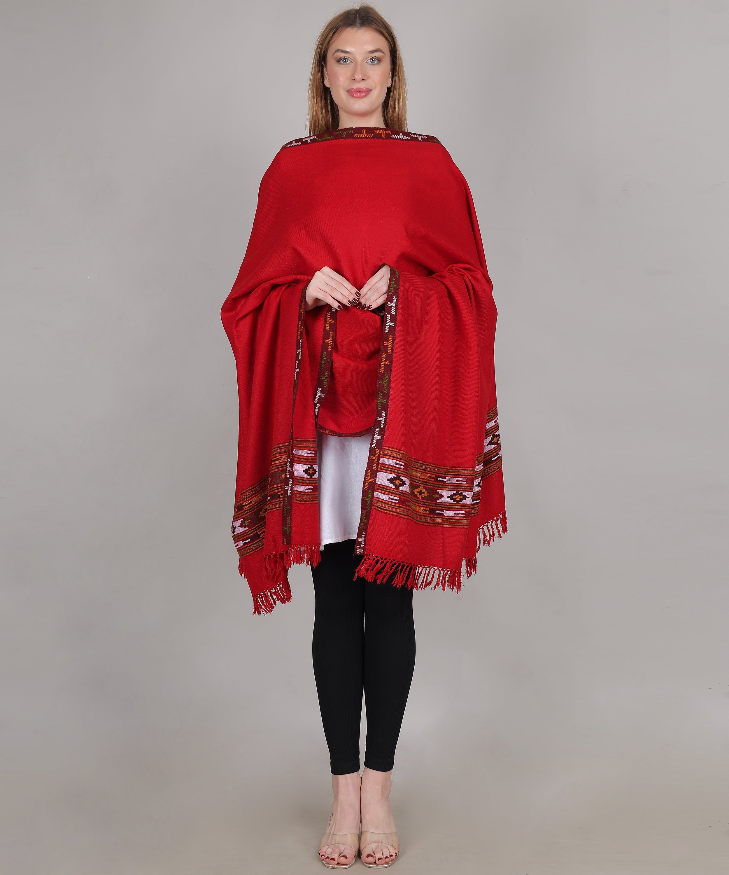 Women’s Traditional Kullu Design Red Katu Chesam– Pure Woollen Handloom Shawl