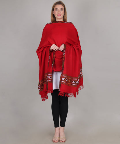 Women’s Traditional Kullu Design Red Katu Chesam– Pure Woollen Handloom Shawl