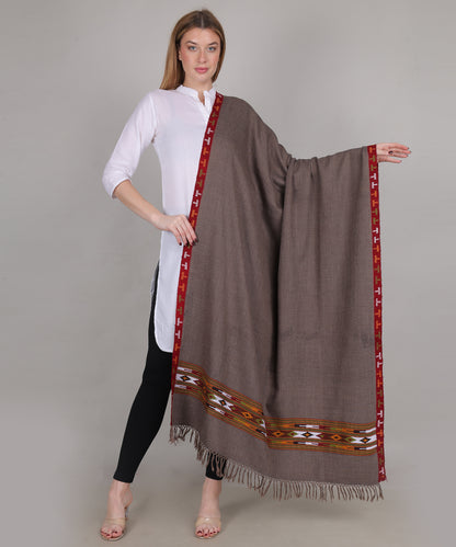 Women’s Traditional Kullu Design Brown Katu Chesam– Pure Woollen Handloom Shawl