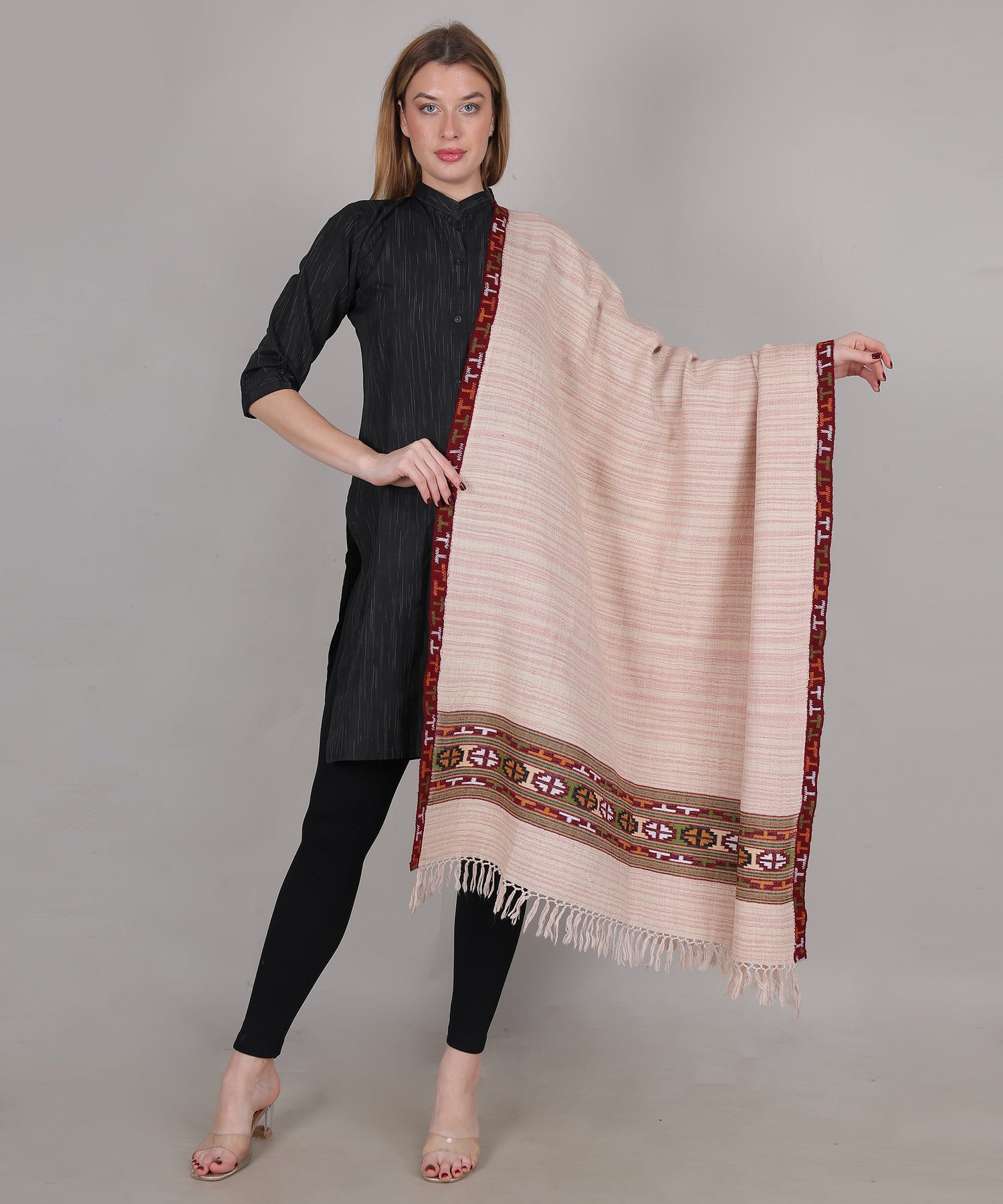 Authentic Traditional Yak Wool Peach Pink Shawl – Handwoven Kullu Design