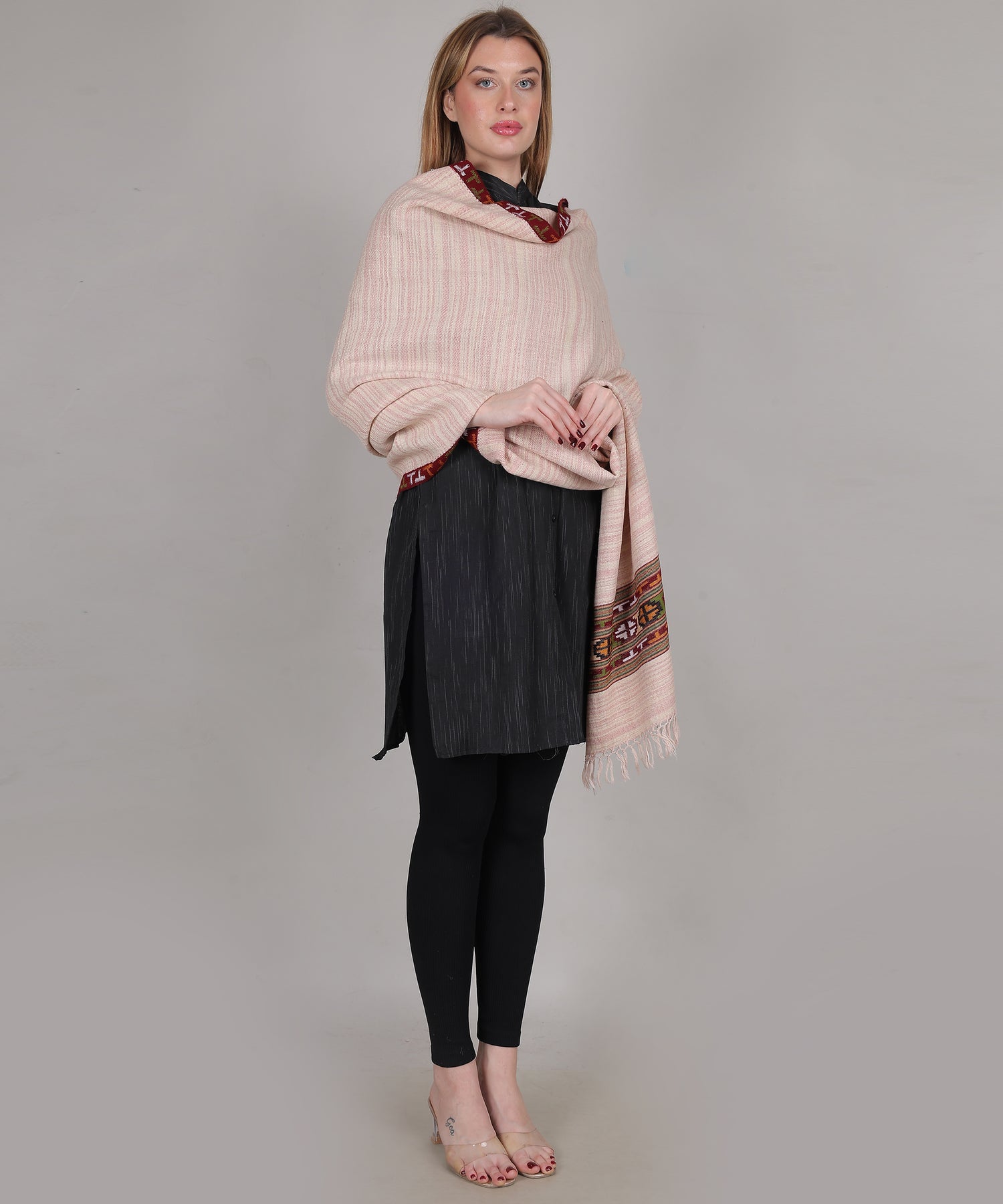 Authentic Traditional Yak Wool Peach Pink Shawl – Handwoven Kullu Design