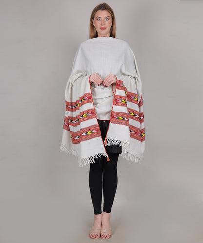 Pure Woollen Hand Woven Design with Beautiful Triple Border Kullu Angora Off White Shawl