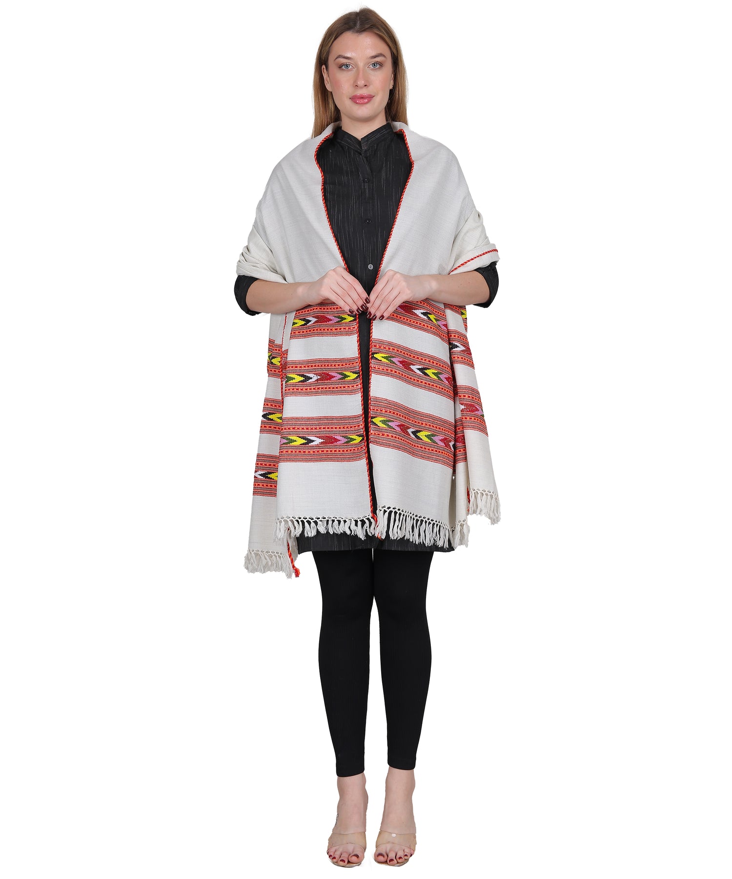 Pure Woollen Hand Woven Design with Beautiful Triple Border Kullu Angora Off White Shawl