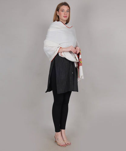 Pure Woollen Hand Woven Design with Beautiful Triple Border Kullu Angora Off White Shawl