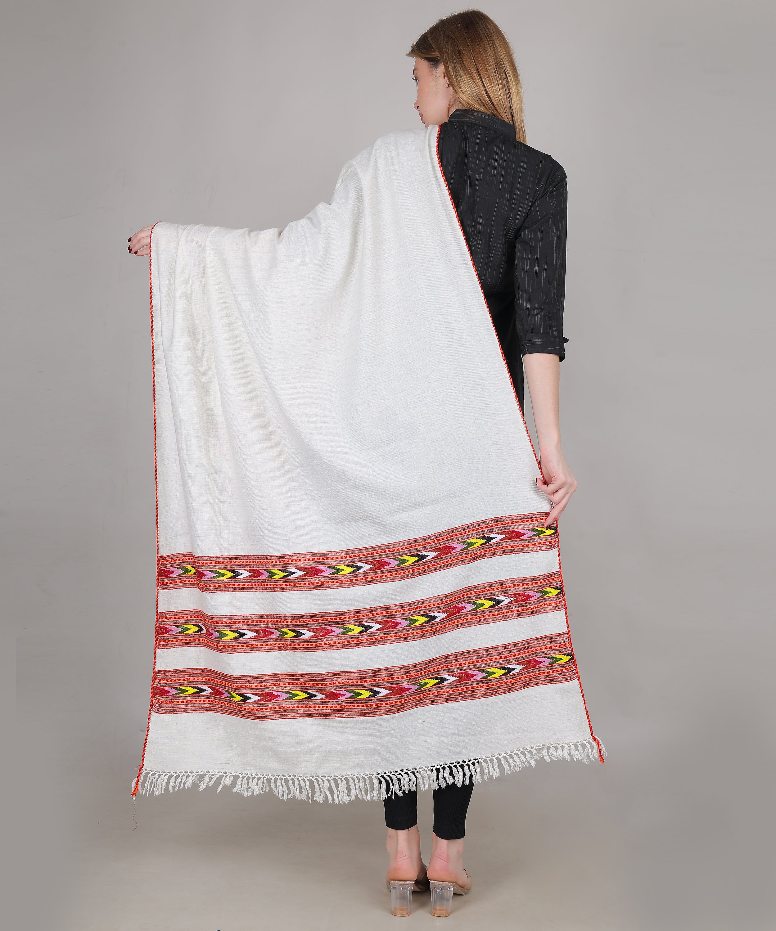 Pure Woollen Hand Woven Design with Beautiful Triple Border Kullu Angora Off White Shawl