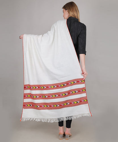 Pure Woollen Hand Woven Design with Beautiful Triple Border Kullu Angora Off White Shawl