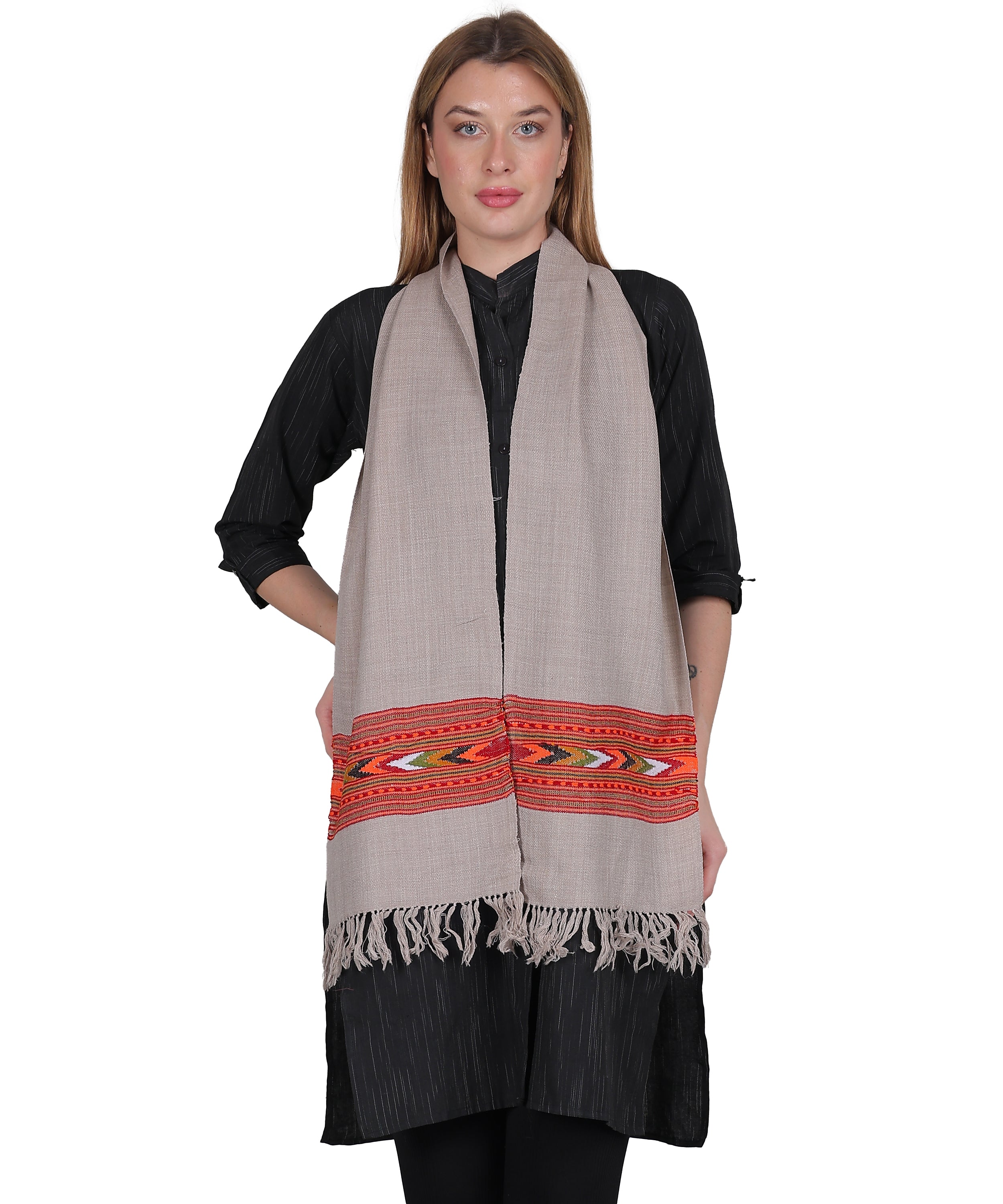 Handwoven Pure Woollen Light Grey Muffler with Embroidered One Patti Design