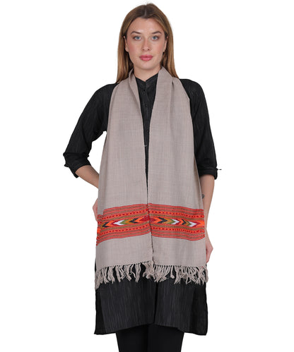 Handwoven Pure Woollen Light Grey Muffler with Embroidered One Patti Design