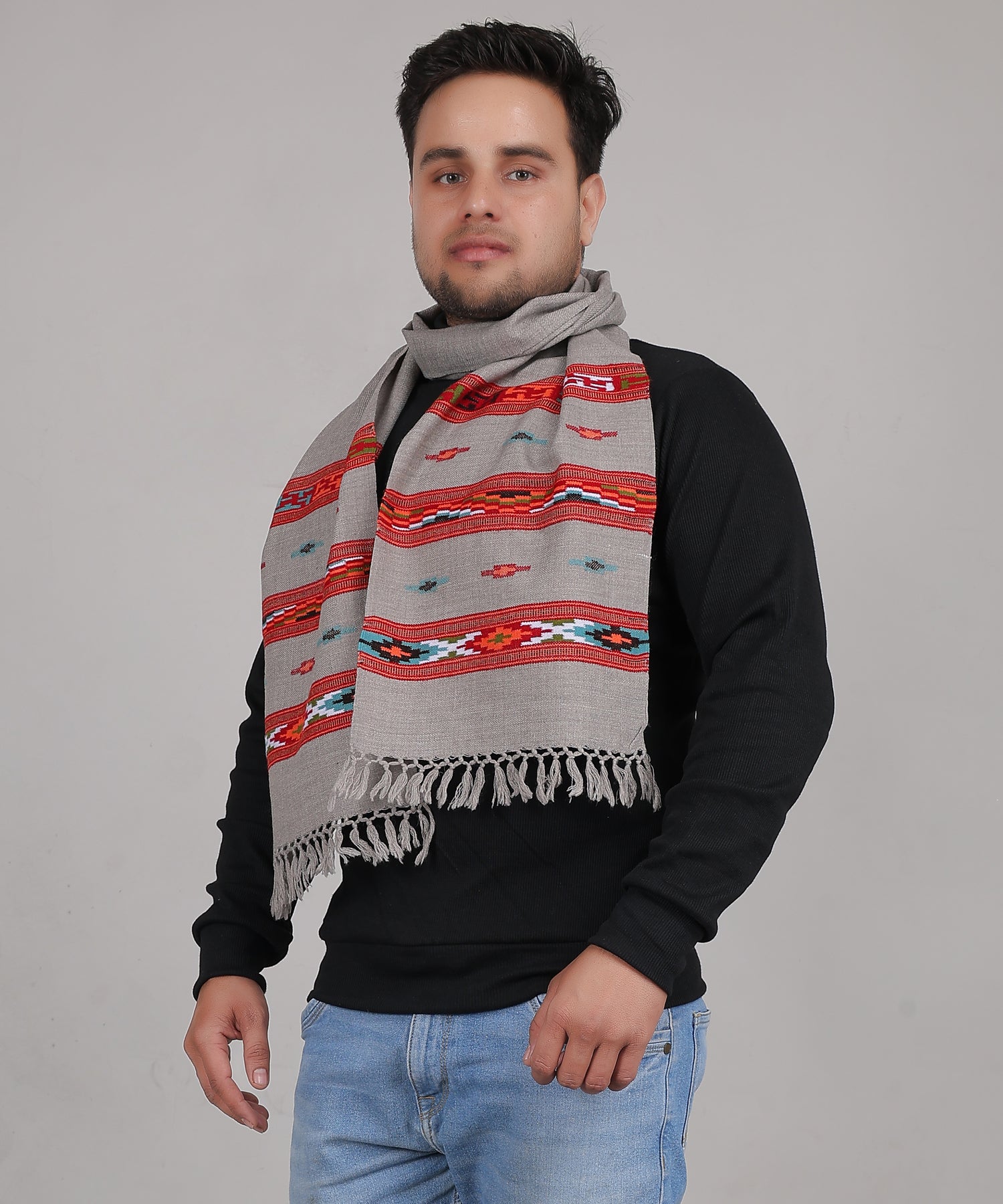 Elegant Kullu Handwoven Woollen Light Grey Muffler – Pure Wool with Rich Embroidered 3 Patti
