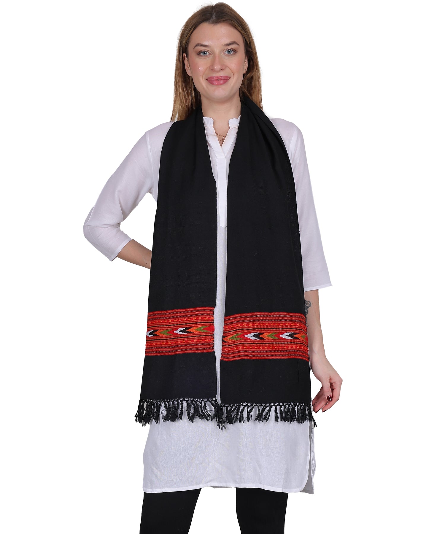 Premium Kullu Handwoven Woollen – Embroidered Black 1 Patti Design Muffler