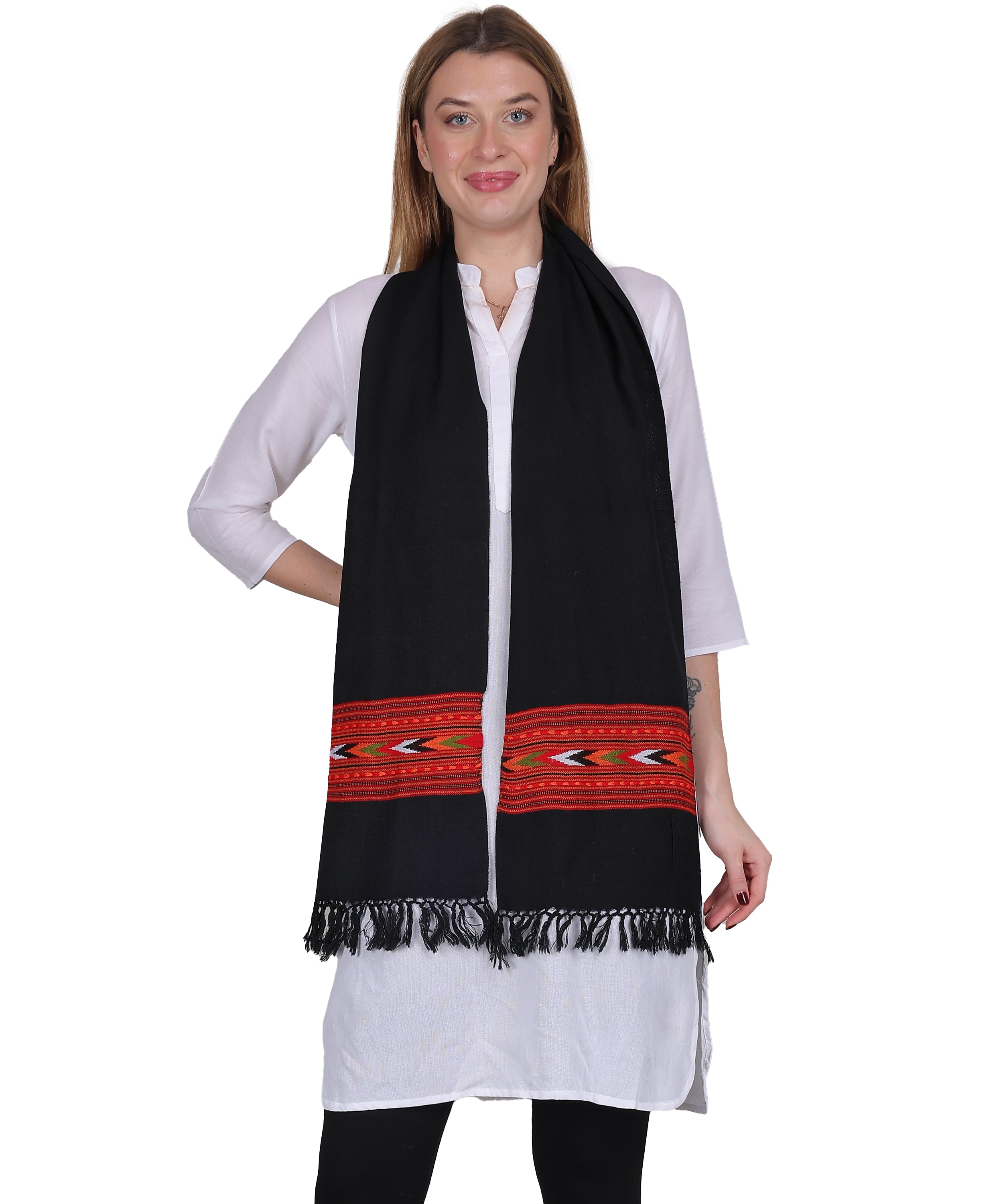 Premium Kullu Handwoven Woollen – Embroidered Black 1 Patti Design Muffler