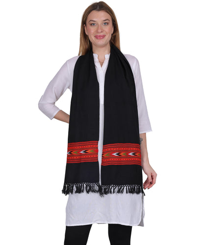 Premium Kullu Handwoven Woollen – Embroidered Black 1 Patti Design Muffler