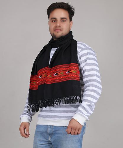 Premium Kullu Handwoven Woollen – Embroidered Black 1 Patti Design Muffler
