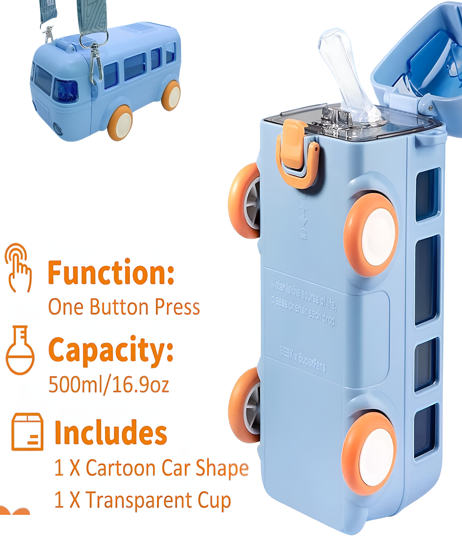 Blue Bus Shape Water Bottle for Kids with Strap, Sipper &amp; Lock