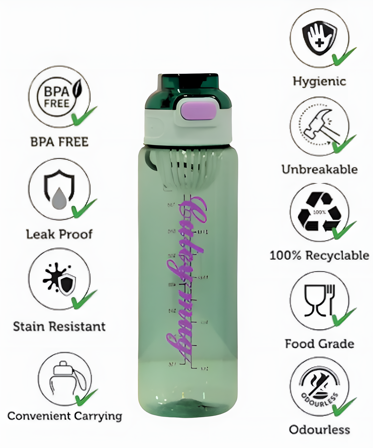 Classic Transparent Green Alkaline Water Bottle with Filter Mesh for Summer