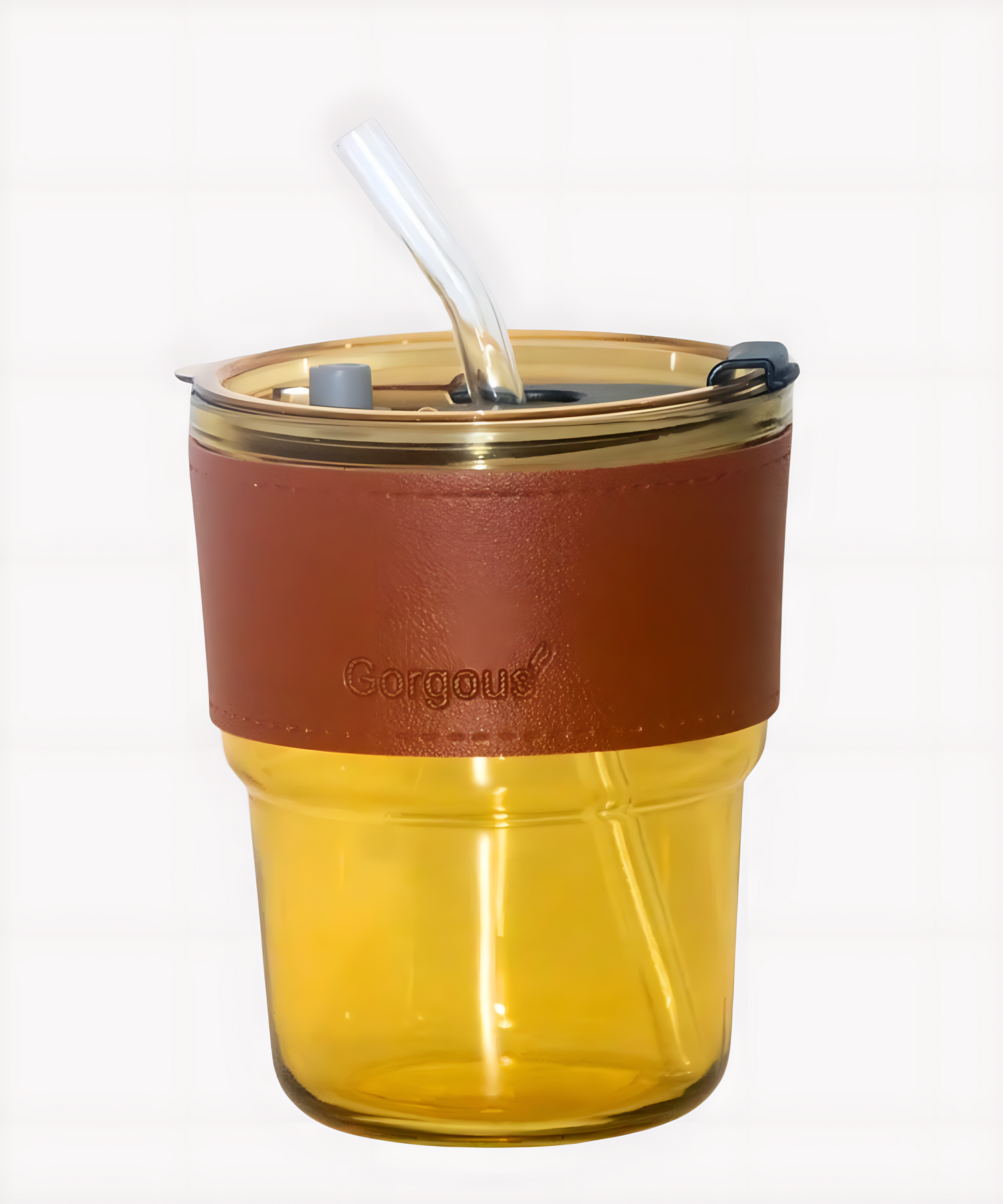 Brown Glass Tumbler with Straw &amp; Anti-Slip Leather Protective Cover