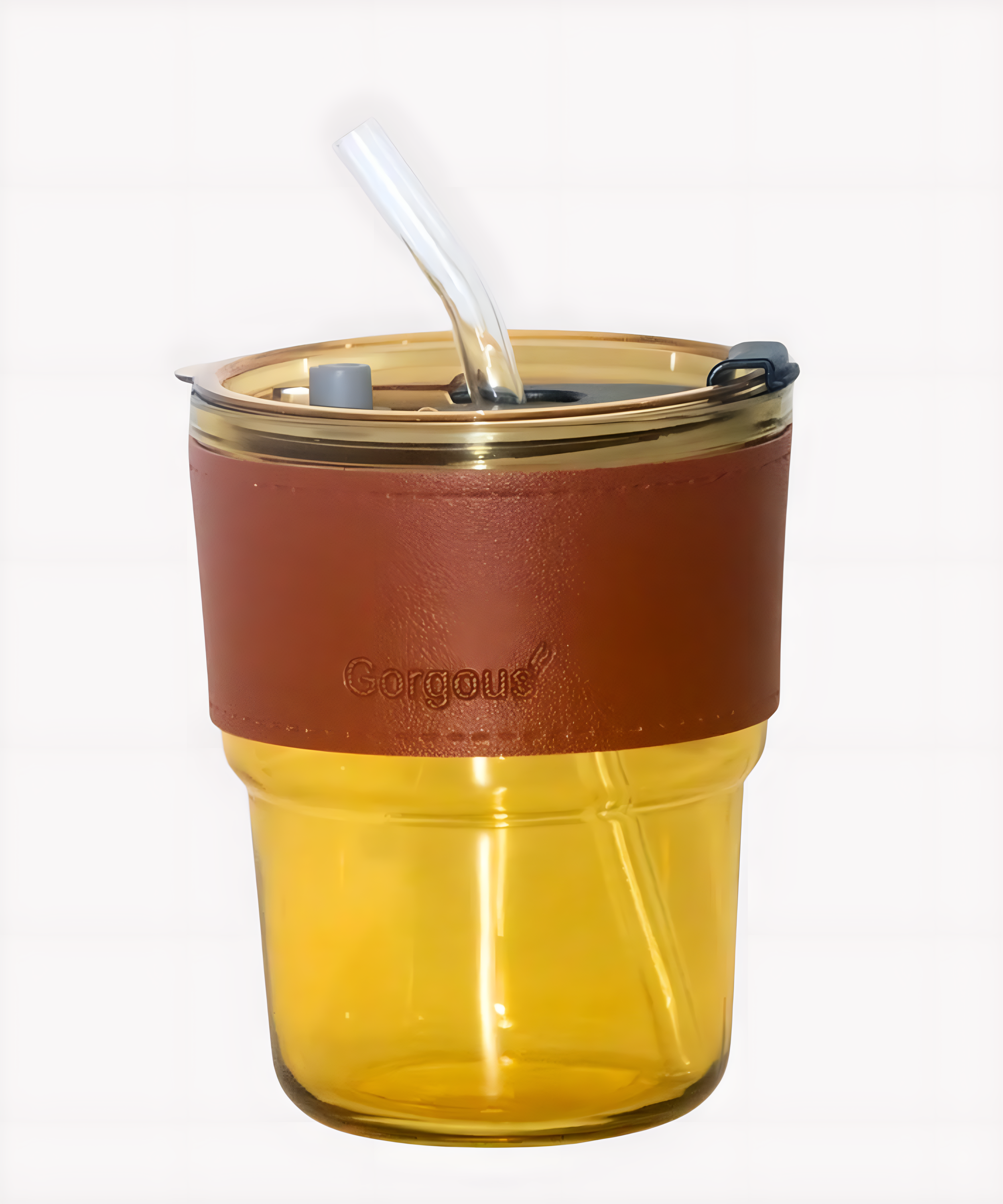 Brown Glass Tumbler with Straw &amp; Anti-Slip Leather Protective Cover