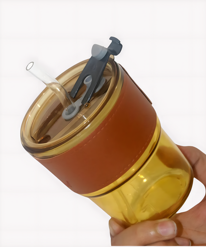 Brown Glass Tumbler with Straw &amp; Anti-Slip Leather Protective Cover