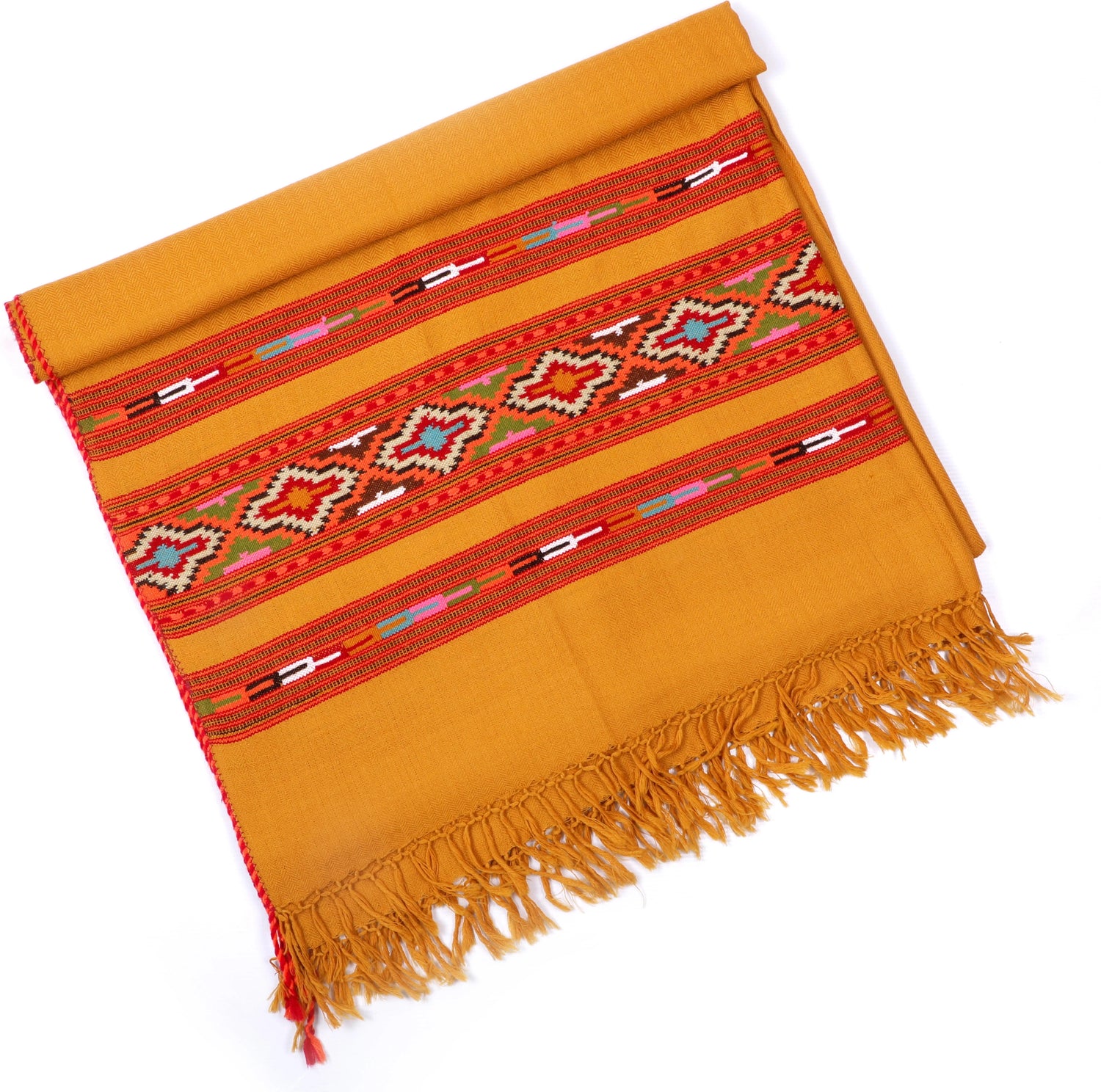 Handcrafted Kullu Pure Wool Yellow Shawl with 3-Stripe Cashmilone Design