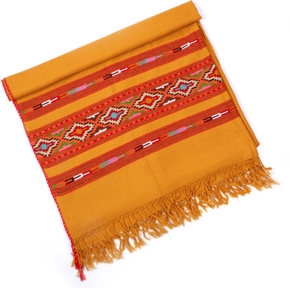 Handcrafted Kullu Pure Wool Yellow Shawl with 3-Stripe Cashmilone Design