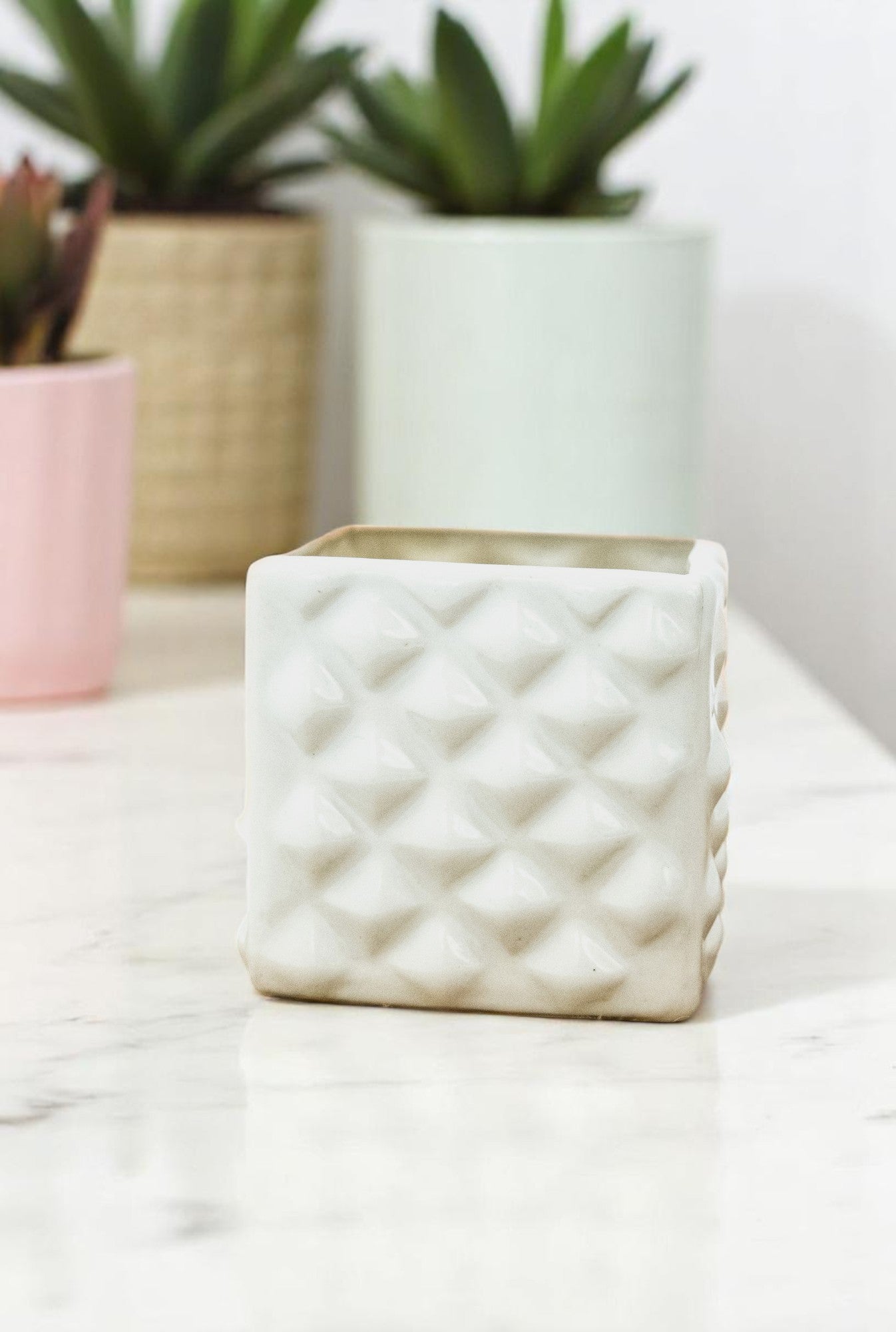 White Glossy Ceramic square diamond cut planter pot