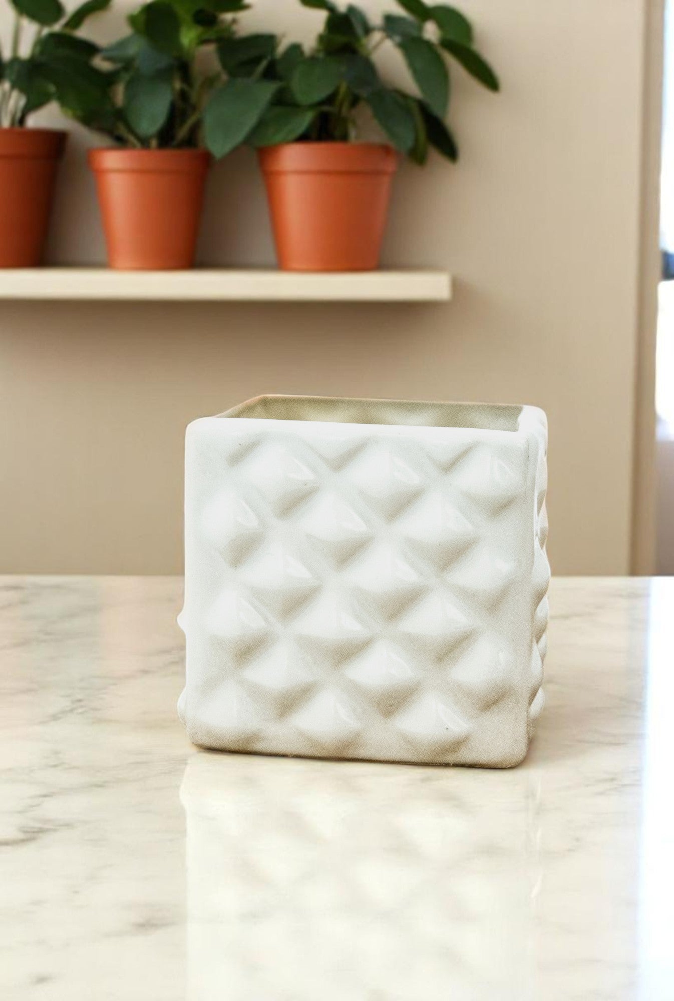 White Glossy Ceramic square diamond cut planter pot