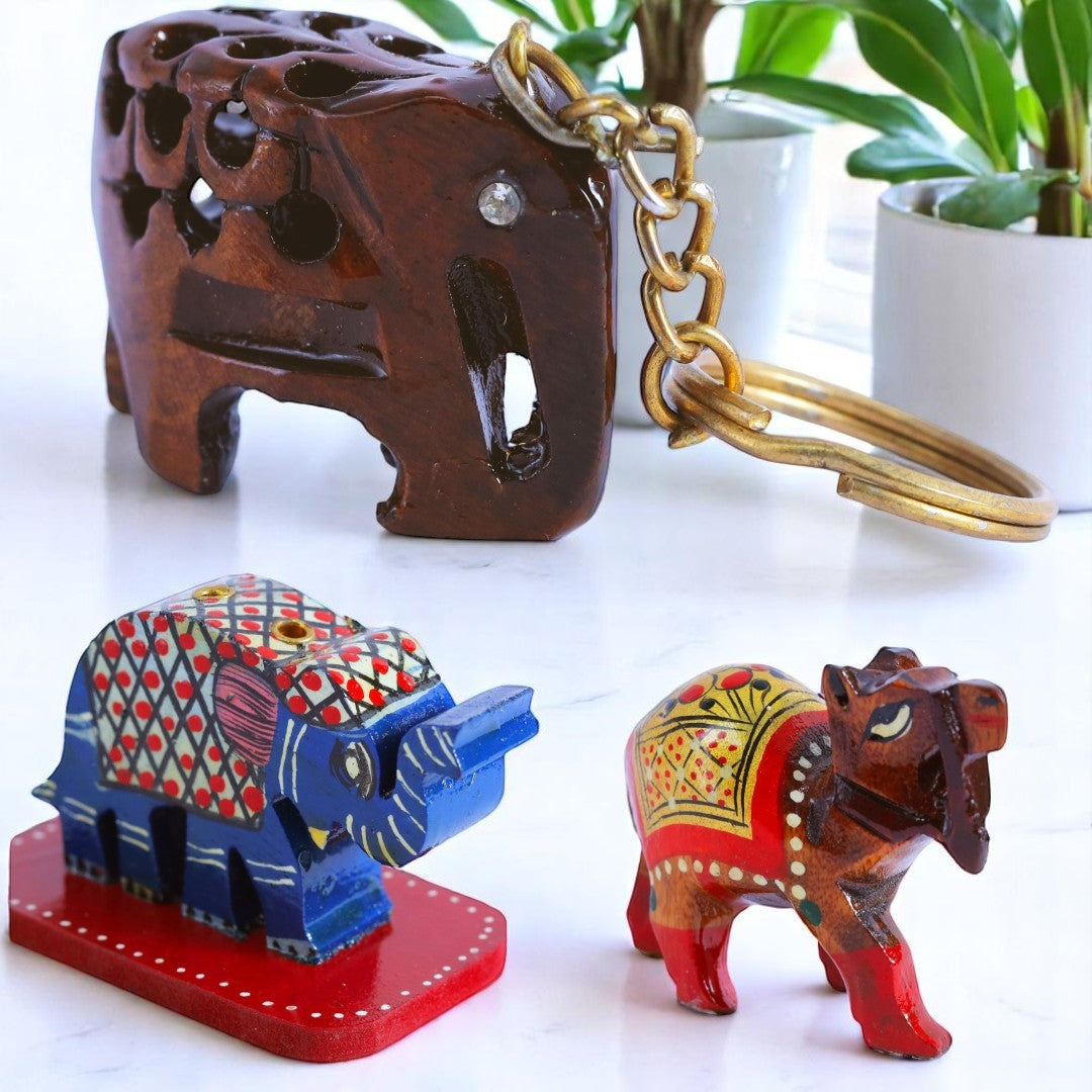 Woodcraft Charm Trio – Camel Showpiece, Elephant Key Chain, Elephant Incense Stick Holder