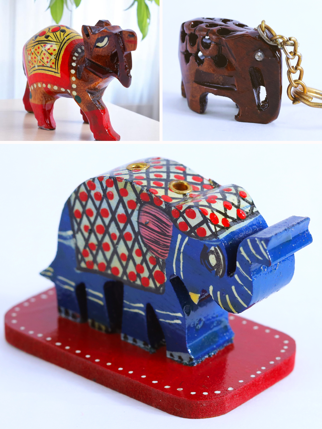 Woodcraft Charm Trio – Camel Showpiece, Elephant Key Chain, Elephant Incense Stick Holder