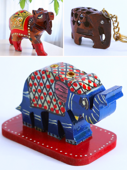 Woodcraft Charm Trio – Camel Showpiece, Elephant Key Chain, Elephant Incense Stick Holder